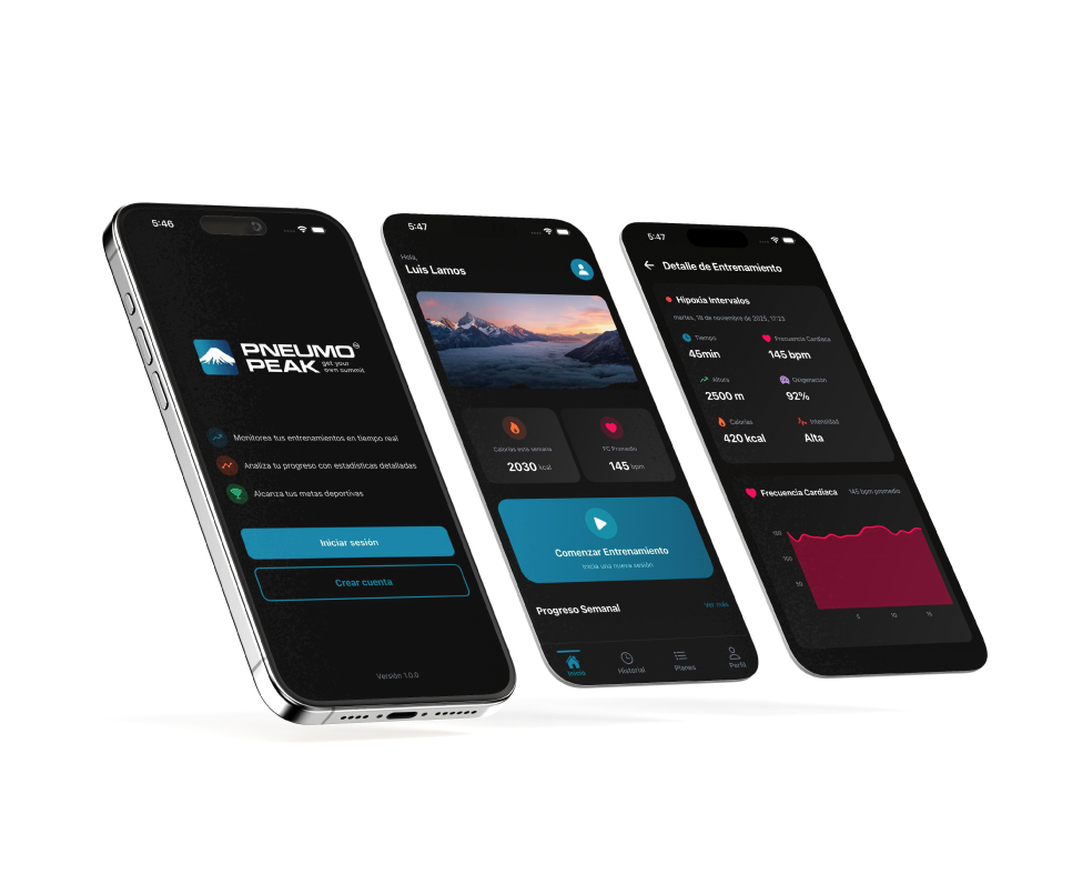 Three screens of the PneumoPeak mobile app showing training and progress